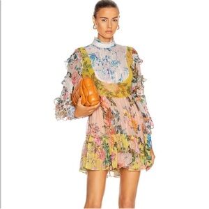 HEMANT & NANDITA Garden Party Boho Floral Smocked Tiered Mini Dress Pockets XS